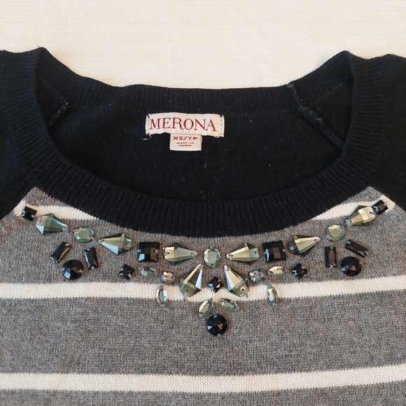 Merona Black Grey White Striped Raglan Sleeve Beaded Crewneck Sweater Size XS - Picture 4 of 10